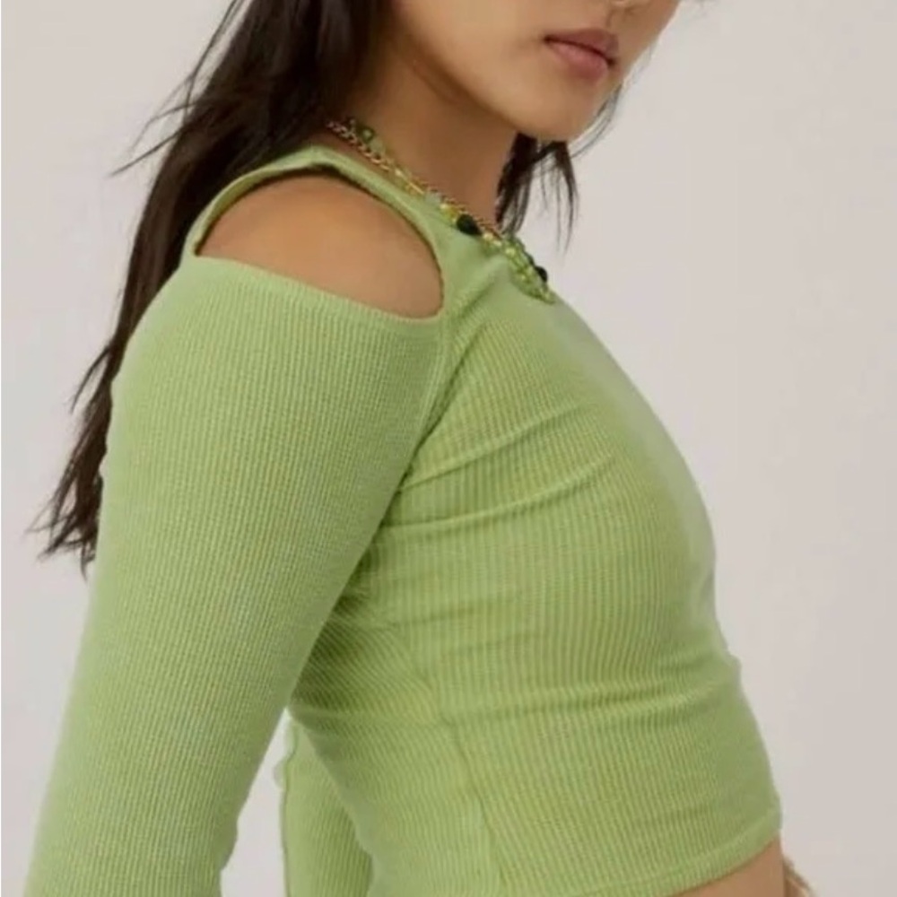Daydreamer Rebel Girl Cold Shoulder Thermal Waffle Knit Crop Top - Green Meadow
